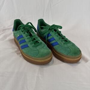 Adidas Gazelle Bold Green Suede Sneakers with Blue Stripes and Gum Sole Size: 8